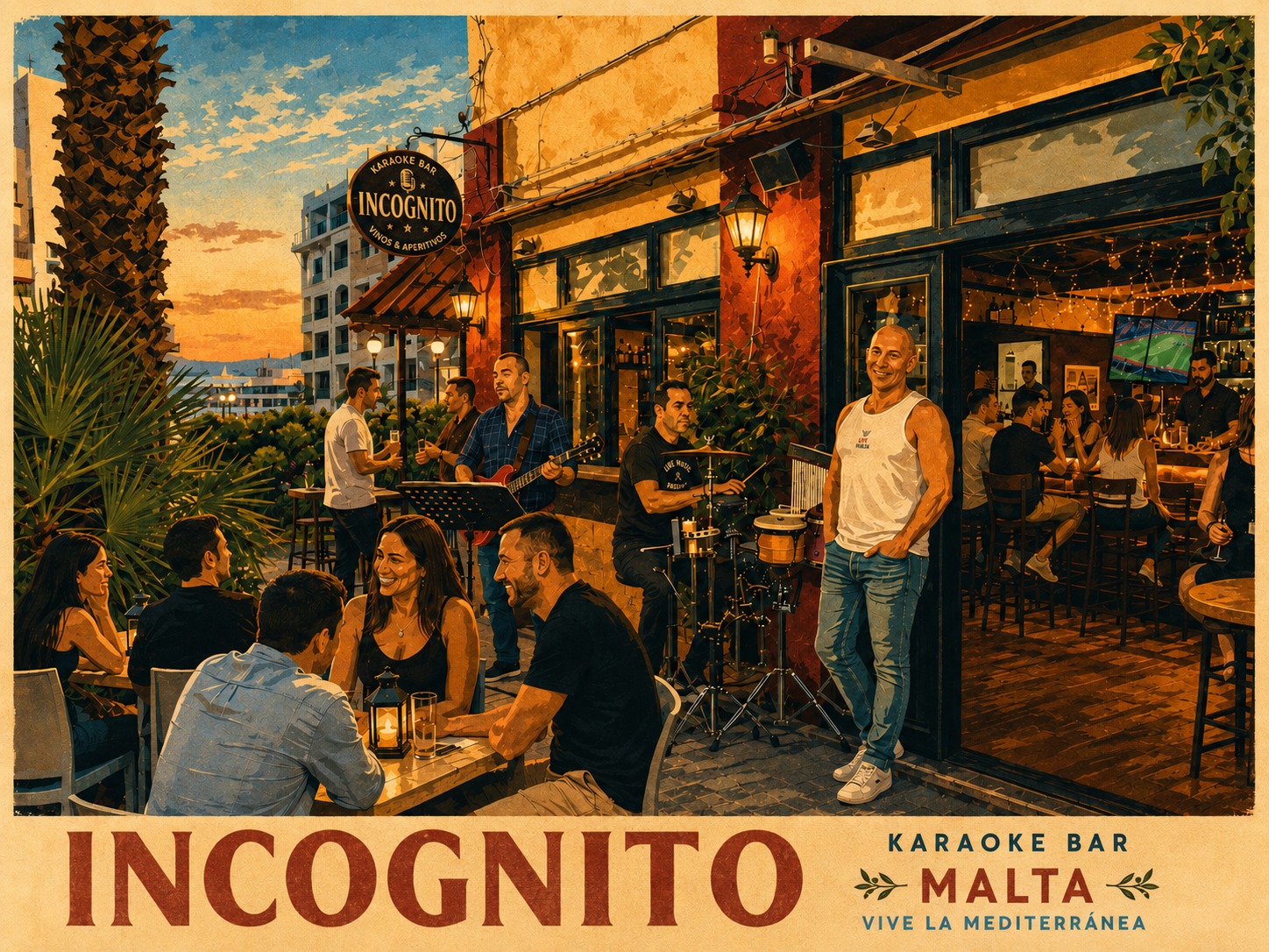 Illustrated view of Incognito Karaoke Bar in Malta, with guests enjoying live music on the terrace